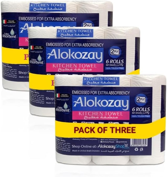 Alokozay 2-Ply Kitchen Towel 6 Rolls, Pack of 3, 100% Touch Free, Extra Absorbent